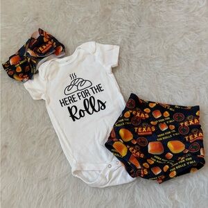 Custom Made “Here For The Rolls” Texas Roadhouse Themed Baby Outfit